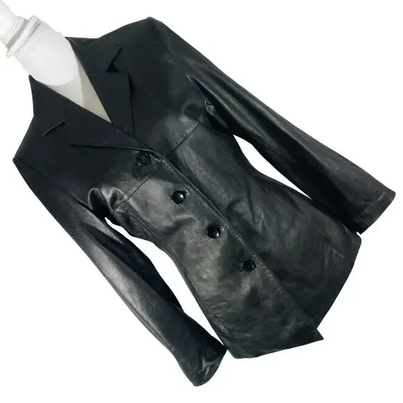 WILSONS LEATHER! RICH BLACK GENUINE LEATHER FITTED BUTTON FRONT JACKET! SZ M - Picture 12 of 12